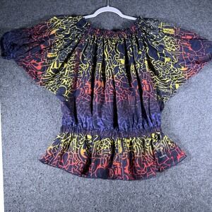 Apple Bottoms Womens Graffiti Print Peplum Blouse OffShoulder Sheer Multicolor L